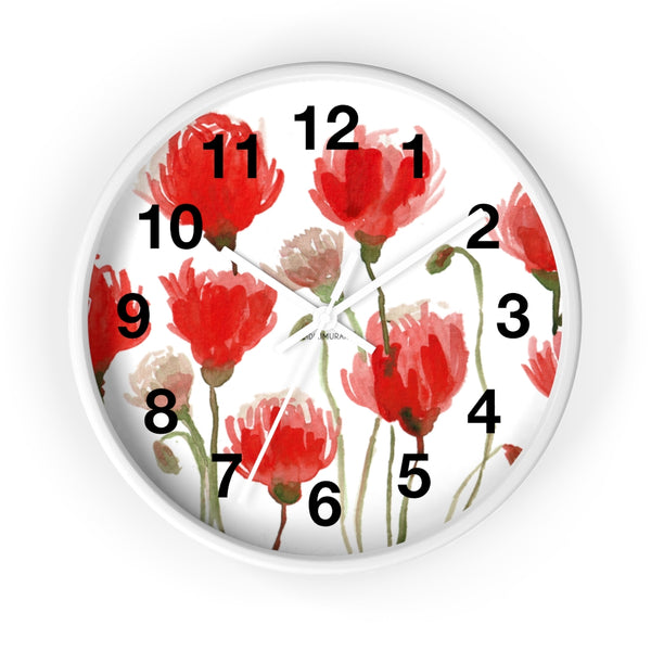 Red Poppy Floral Wall Clock,  Best Numeric Floral 10 inch Diameter Flower Wall Clock-Made in USA, Large Round Wood Girl Children Bedroom Wall Clock