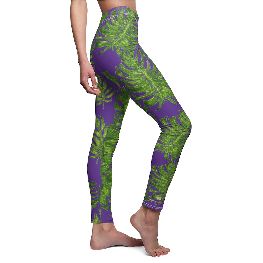 Purple Green Tropical Leaf Tights, Hawaiian Style Print Women's Dressy Long  Casual Leggings- Made in USA