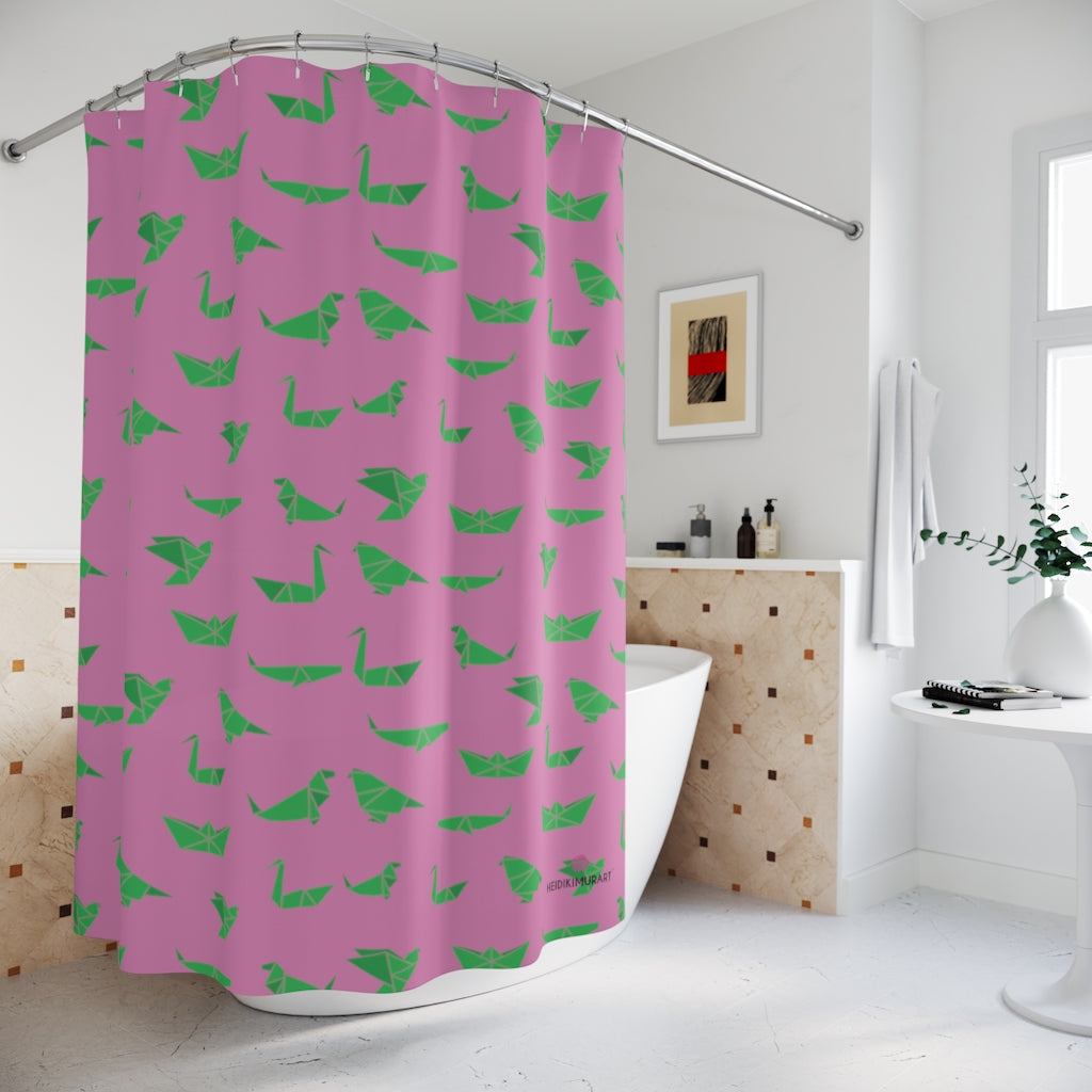 Pink Crane Polyester Shower Curtain, Japanese Origami Style Crane Birds Print 71" × 74" Modern Kids or Adults Colorful Best Premium Quality American Style One-Sided Luxury Durable Stylish Unique Interior Bathroom Shower Curtains - Printed in USA