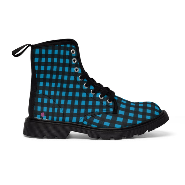 Blue Buffalo Print Women's Boots, Buffalo Plaid Print Best Laced Up Winter Boots For Women (US Size 6.5-11)