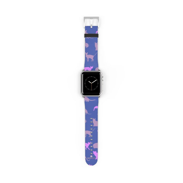 Purple Pink Cats Print 38mm/42mm Premium Watch Band For Apple Watch- Made in USA-Watch Band-38 mm-Silver Matte-Heidi Kimura Art LLC