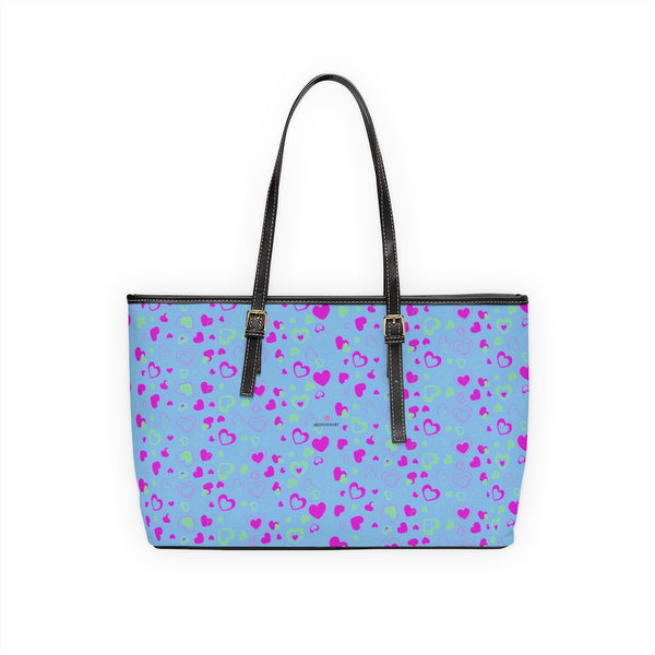 Blue Pink Hearts Tote Bag, PU Leather Shoulder Hand Work Bag