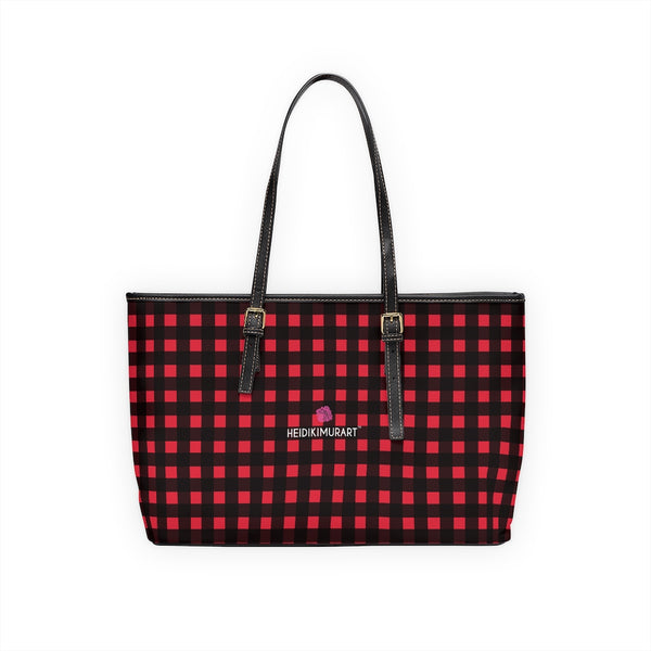 Red Plaid Print Tote Bag, Best Stylish Buffalo Plaid Printed Fashionable Printed PU Leather Shoulder Large Spacious Durable Hand Work Bag 17"x11"/ 16"x10" With Gold-Color Zippers & Buckles & Mobile Phone Slots & Inner Pockets, All Day Large Tote Luxury Best Sleek and Sophisticated Cute Work Shoulder Bag For Women With Outside And Inner Zippers