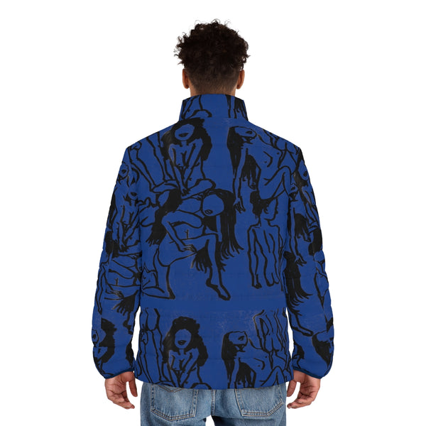 Blue Nude Art Men's Jacket, Best Regular Fit Polyester Men's Puffer Jacket With Stand Up Collar (US Size: S-2XL)