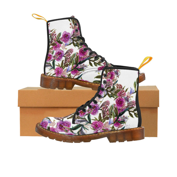Vintage Style Pink Rose Floral Print Designer Women's Winter Lace-up Toe Cap Boots-Women's Boots-Brown-US 10-Heidi Kimura Art LLC