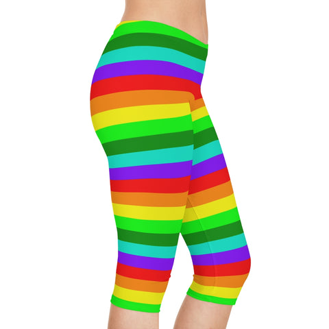 Rainbow Women's Capri Leggings, Modern Horizontally Striped Rainbow Print American-Made Best Designer Premium Quality Knee-Length Mid-Waist Fit Knee-Length Polyester Capris Tights-Made in USA (US Size: XS-3XL) Plus Size Available