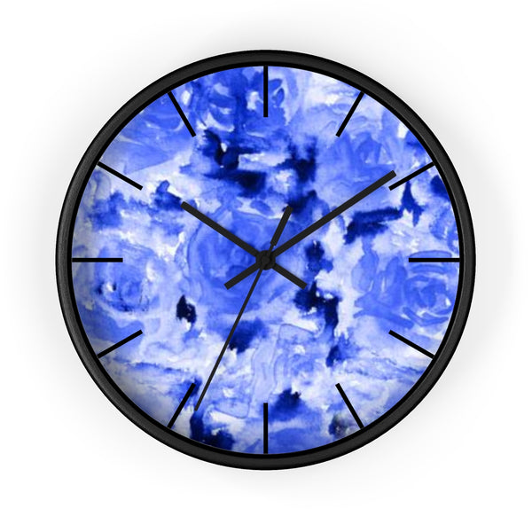 Blue Floral Rose Print Flower Modern 10 inch Diameter Wall Clock - Made in USA-Wall Clock-Black-Black-Heidi Kimura Art LLC