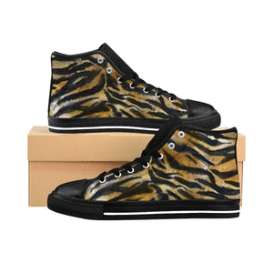 Brown Tiger Striped Women's High Tops, Animal Print Designer High Top Sneakers Shoes-Women's High Top Sneakers-US 9-Heidi Kimura Art LLC