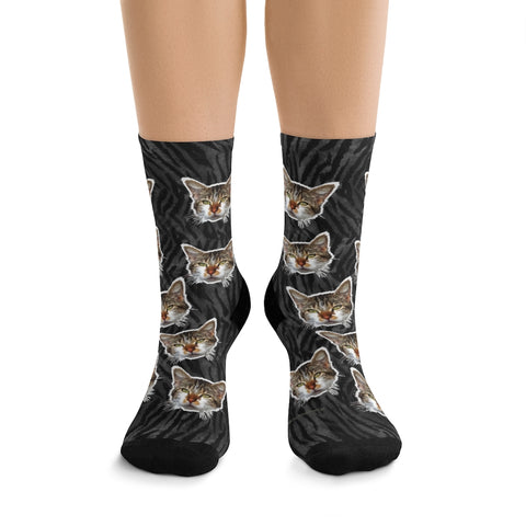 Gray Tiger Stripe Cat Print Meggings, Calico Cat Print One-Size Knit Socks- Made in USA-Socks-One size-Heidi Kimura Art LLC