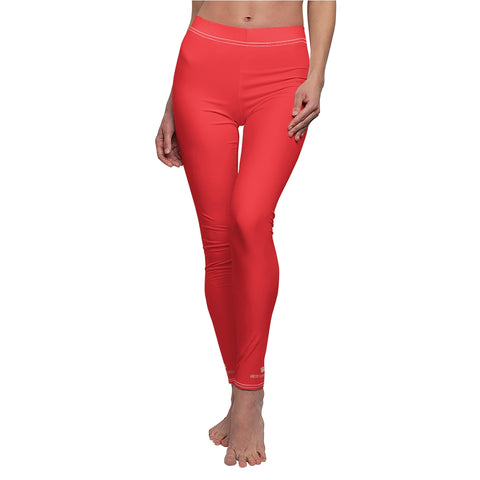 Hot Red Solid Color Print Women's Dressy Long Casual Leggings- Made in USA-All Over Prints-White Seams-M-Heidi Kimura Art LLC Hot Red Ladies' Tights, Red Solid Color Colorful Casual Tights, Red Fancy Fashion Tights, Modern Minimalist Solid Color Women's Casual Leggings - Made in USA (US Size: XS-2XL)