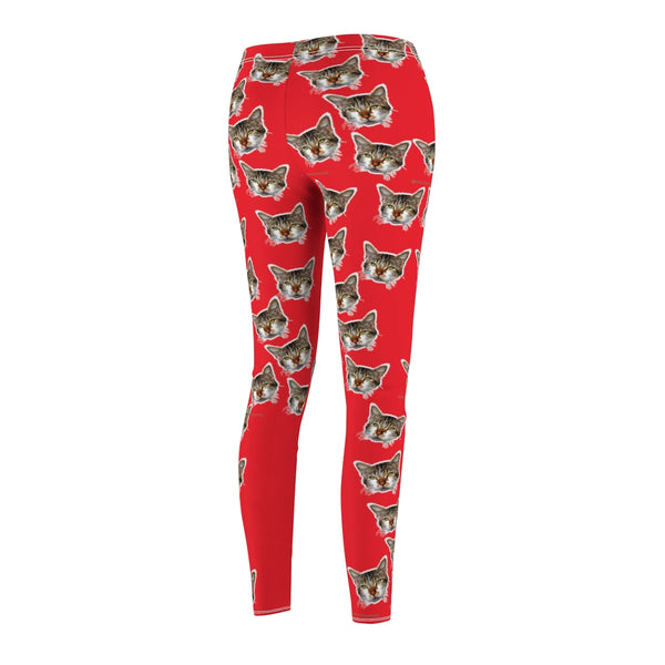 Red Brown Peanut Meow Cat Cute Calico Print Women's Fancy Casual Leggings- Made in USA-All Over Prints-Heidi Kimura Art LLC