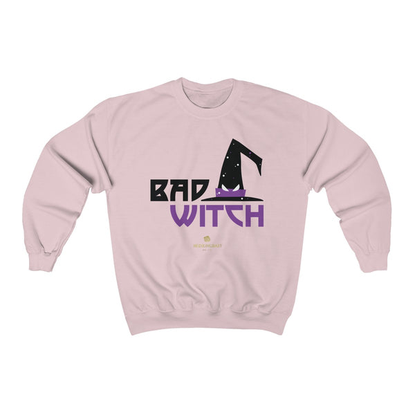 Halloween Sweatshirt, Bad Witch Unisex Heavy Blend Crewneck Shirt-Made in USA (US Size: S-5XL)-Long-sleeve-Light Pink-S-Heidi Kimura Art LLC