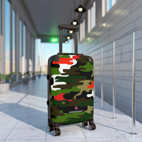 Green Red Camo Cabin Suitcase, Camouflaged Army Military Print Carry On Polycarbonate Front and Hard-Shell Durable Small 1-Size Carry-on Luggage With 2 Inner Pockets & Built in Lock With 4 Wheel 360° Swivel and Adjustable Telescopic Handle - Made in USA/UK (Size: 13.3" x 22.4" x 9.05", Weight: 7.5 lb) Unique Cute Carry-On Best Personal Travel Bag Custom Luggage - Gift For Him or Her 