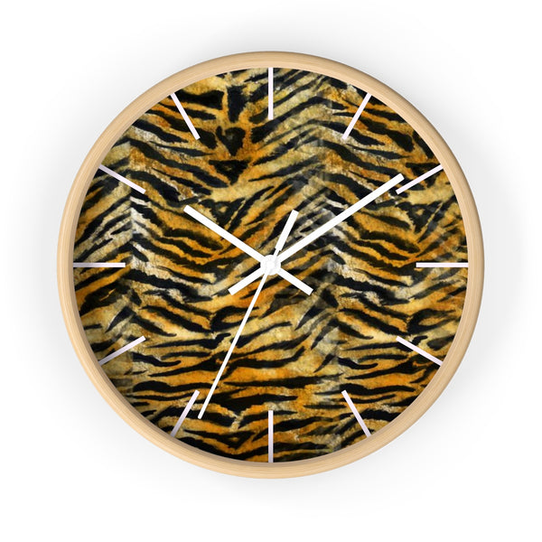 Orange Tiger Striped Wall Clock, Animal Faux Fur Print 10 in. Dia. Wall Clock-Made in USA-Wall Clock-Wooden-White-Heidi Kimura Art LLC