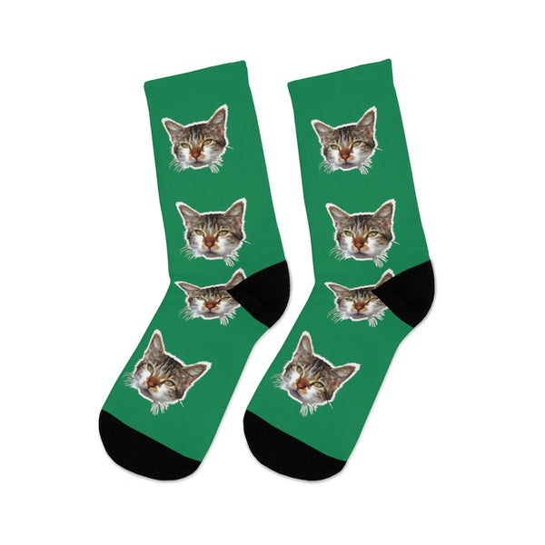 Dark Green Cat Print Socks, Designer Calico Cat 1-Size Knit Premium Socks- Made in USA-Socks-One size-Heidi Kimura Art LLC