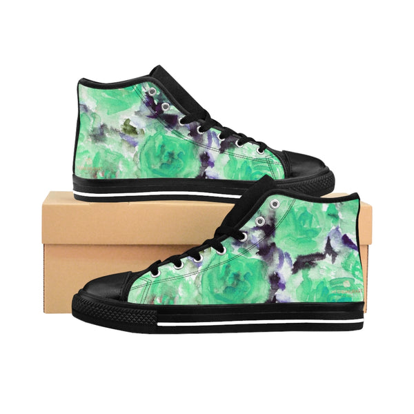 Turquoise Blue Men's High Tops, Abstract Men's High-top Sneakers, Rose Floral Print Designer Men's High-top Sneakers Running Tennis Shoes, Floral High Tops, Mens Floral Shoes, Abstract Rose Floral Print Sneakers For Men (US Size: 6-14)