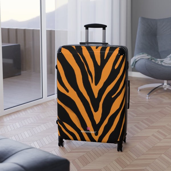 Orange Black Zebra Print Suitcases, Animal Print Designer Suitcase Luggage (Small, Medium, Large) Unique Cute Spacious Versatile and Lightweight Carry-On or Checked In Suitcase, Best Personal Superior Designer Adult's Travel Bag Custom Luggage - Gift For Him or Her - Made in USA/ UK