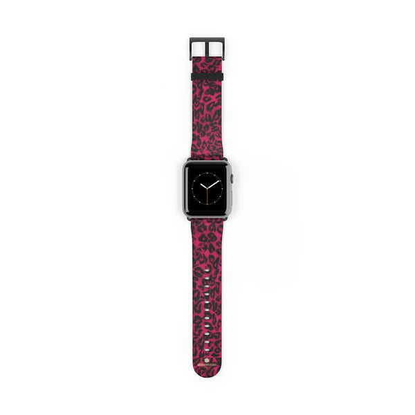 Pink Leopard Animal Print 38mm/42mm Watch Band For Apple Watch- Made in USA-Watch Band-42 mm-Black Matte-Heidi Kimura Art LLC