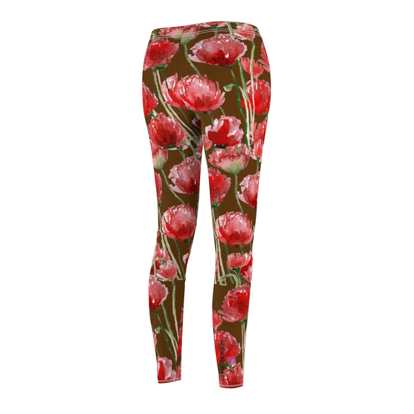 Brown Poppy Floral Casual Tights, Women's Floral Casual Leggings