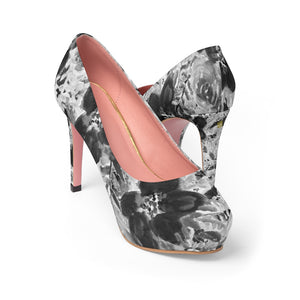 Grey Floral Women's Platform Heels, Mixed Abstract Flower Print Premium Quality Designer Women's Platform Heels Stiletto Pumps 4" Heels (US Size: 5-11)