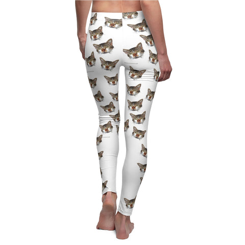 White Peanut Meow Cat Cute Calico Print Women's Fancy Casual Leggings- Made in USA-All Over Prints-White Seams-M-Heidi Kimura Art LLC