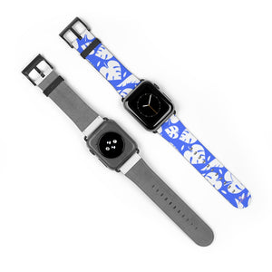 Blue White Tropical Leaf Print 38mm/42mm Watch Band For Apple Watch- Made in USA-Watch Band-38 mm-Black Matte-Heidi Kimura Art LLC