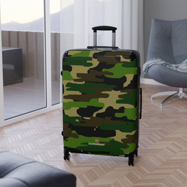 Green Camo Print Suitcases, Military Camo Print&nbsp;Designer Suitcase With&nbsp;TSA-approved&nbsp;Lock, Best&nbsp;Suitcase Luggage (Small, Medium, Large)&nbsp;Unique Cute Spacious Versatile and Lightweight Carry-On or Checked In Suitcase, Best&nbsp;Personal Superior Designer Adult's Travel Bag Custom Luggage - Gift For Him or Her - Made in USA/ UK