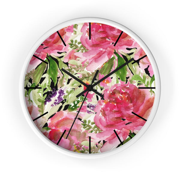 Pink Floral Rose Wall Clock,  Floral 10 inch Diameter Wall Clock, Large Round Wood Girl Children Bedroom Wall Clock