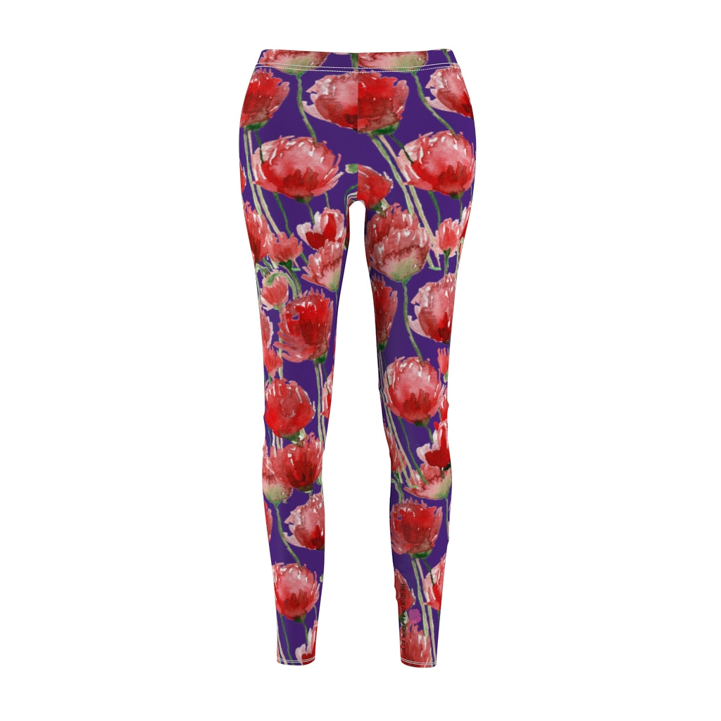 Purple Poppy Floral Casual Tights, Women's Floral Casual Leggings