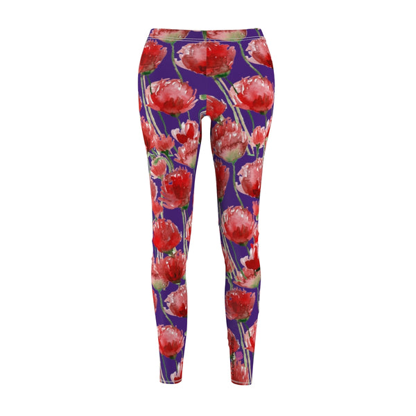 Purple Poppy Floral Casual Tights, Women's Floral Casual Leggings