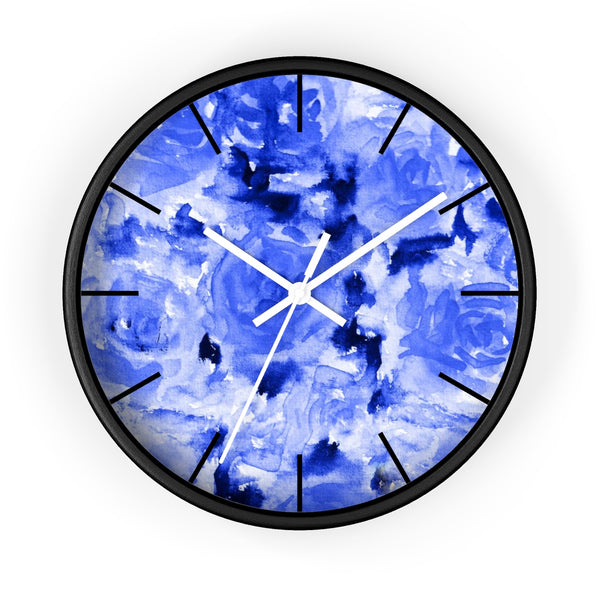 Blue Floral Rose Print Flower Modern 10 inch Diameter Wall Clock - Made in USA-Wall Clock-Black-White-Heidi Kimura Art LLC