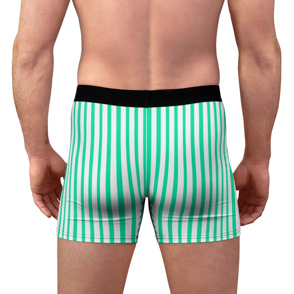 Vertically Striped Men's Boxer Briefs, Turquoise Blue and White Stripes Modern Simple Essential Designer Best Underwear For Men, Best Underwear For Men Sexy Hot Men's Boxer Briefs Hipster Lightweight 2-sided Soft Fleece Lined Fit Underwear - (US Size: XS-3XL)