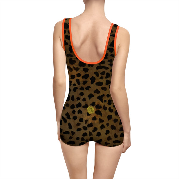 Dark Brown Leopard Animal Print Women's Vintage-Style Swimsuit 2 piece Swimwear-One-piece swimwear-Heidi Kimura Art LLC