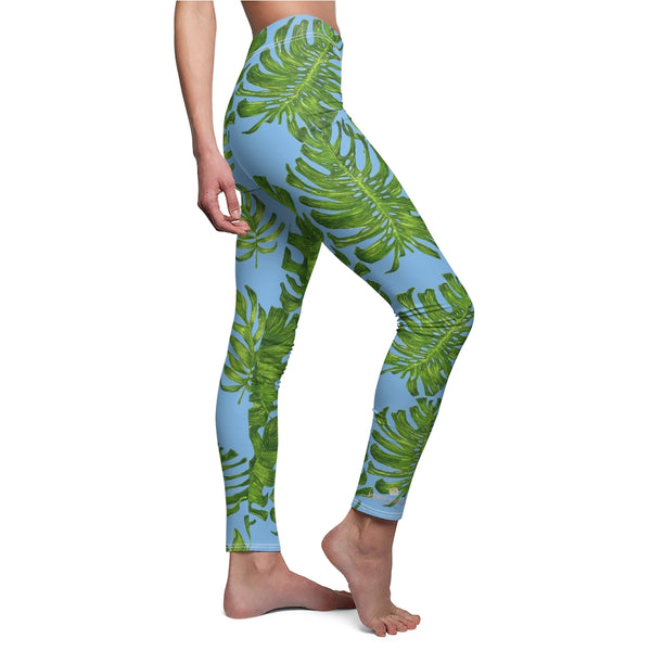 Light Blue Green Tropical Leaf Print Women's Dressy Long Casual Leggings- Made in USA-Casual Leggings-Heidi Kimura Art LLC