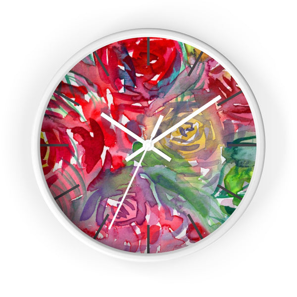 Red Floral Rose Flower Print Elegant 10 inch Diameter Wall Clock - Made in USA-Wall Clock-White-White-Heidi Kimura Art LLC