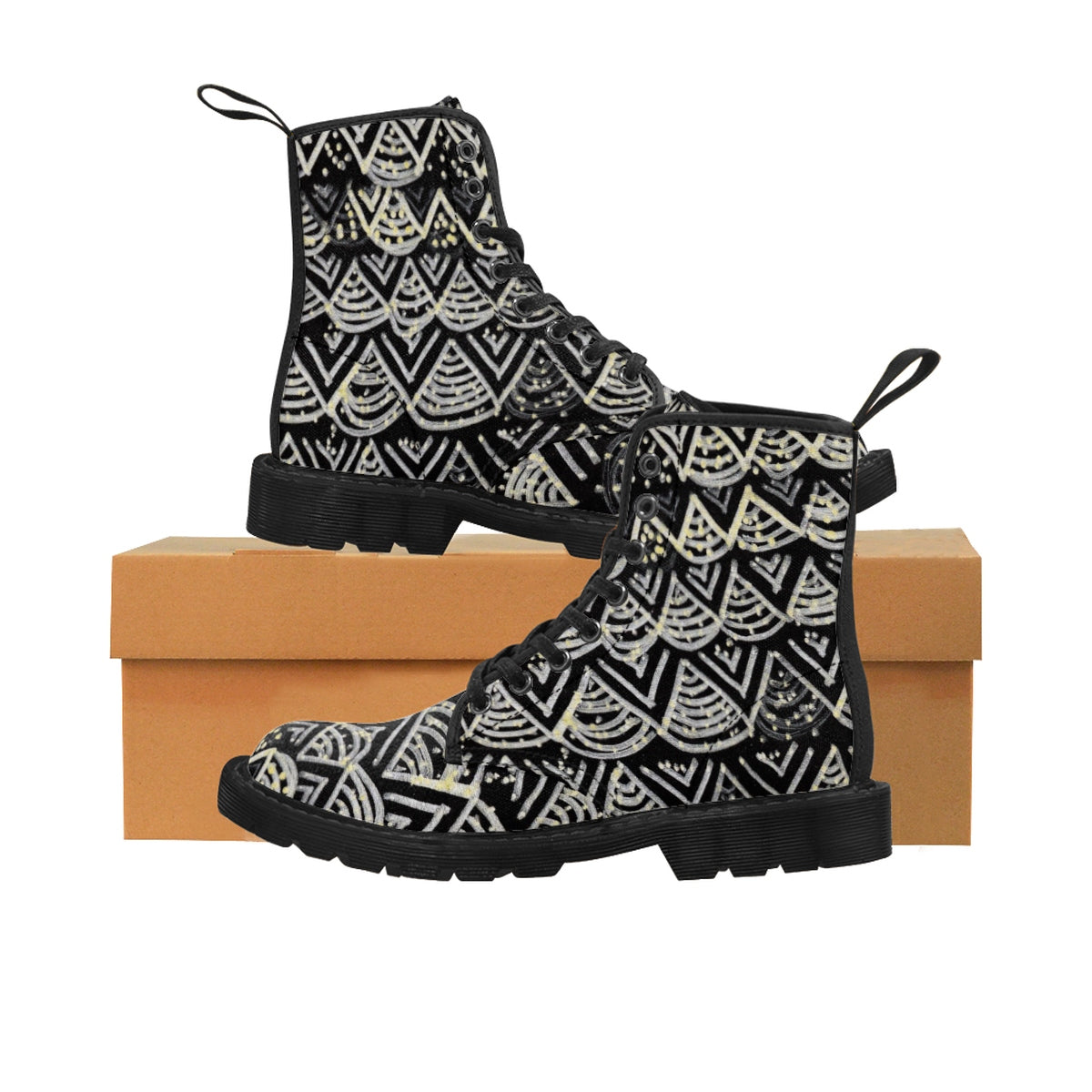 Black Geometric Men's Winter Boots, Designer Anti Heat/Moisture Men's Canvas Boots-Men's Boots-Black-US 9-Heidi Kimura Art LLC