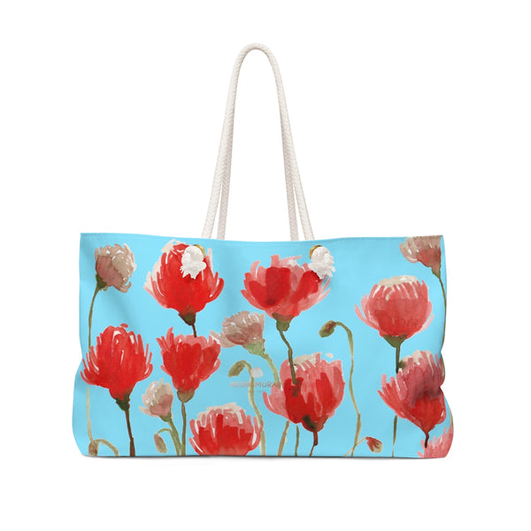 Light Blue Red Poppy Floral Print Oversized Designer 24"x13" Large Weekender Bag-Weekender Bag-24x13-Heidi Kimura Art LLC