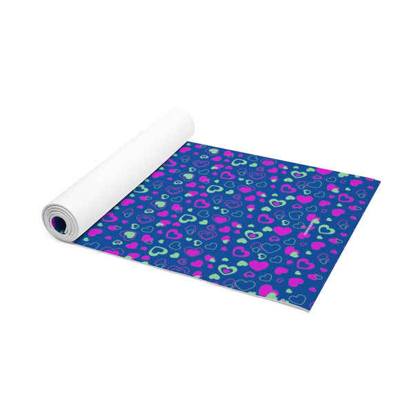 Blue Hearts Foam Yoga Mat, Blue and Pink Hearts Pattern Valentine's Day Special Best Fashion Stylish Lightweight 0.25" thick Best Designer Gym or Exercise Sports Athletic Yoga Mat Workout Equipment - Printed in USA (Size: 24″x72")