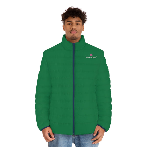 Dark Green Color Men's Jacket, Best Regular Fit Polyester Men's Puffer Jacket With Stand Up Collar (US Size: S-2XL)
