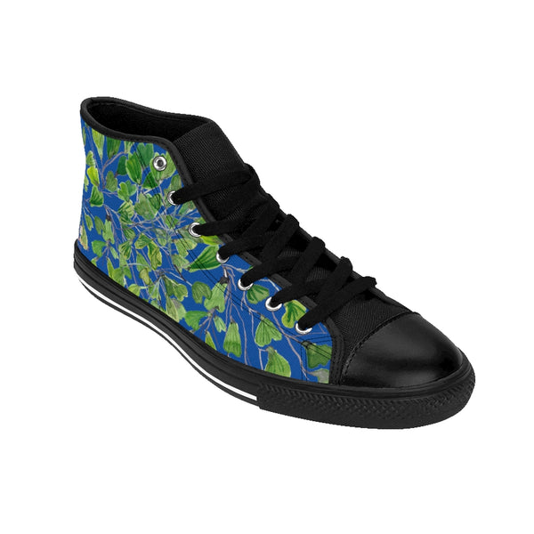 Blue Fern Men's High-top Sneakers, Green Cute Maidenhair Leaf Print Designer Men's High-top Sneakers Running Tennis Shoes, Fern Leaves Designer High Tops, Mens Floral Shoes, Tropical Leaf Print Sneakers (US Size: 6-14)