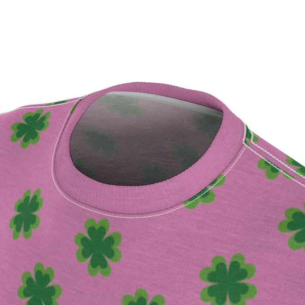 Pink Green Clover St. Patrick's Day Print Unisex Crew Neck Cut & Sew Tee- Made in USA-Unisex T-Shirt-Heidi Kimura Art LLC