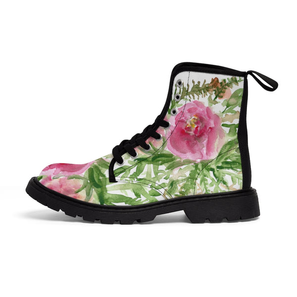 Pink Floral Rose Women's Boots, Feminine Girlie Flower Print Hiking Combat Lace-up Boots For Ladies