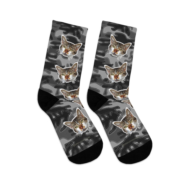 Gray Camo Cat Print Socks, Cute Luxury Calico Cat Print One-Size Knit Socks- Made in USA-Socks-One size-Heidi Kimura Art LLC