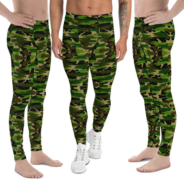 Green Camo Print Meggings, Green Camouflage Military Green Army Print Men's Yoga Pants Running Leggings & Fetish Tights/ Rave Party Costume Meggings, Compression Pants- Made in USA/ Europe/ MX (US Size: XS-3XL) Green Camo Men's Leggings, Compression Pants, Green Camo Men Workout Tights, Camo Leggings
