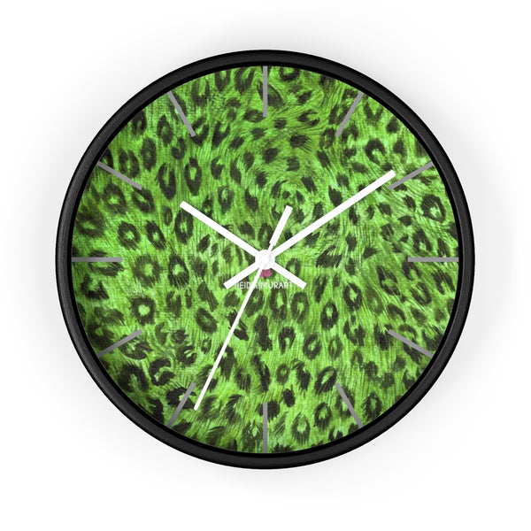 Green Leopard Print Wall Clock,  Numeric 10 inch Diameter Wall Clock, Large Round Wood Girl Children Bedroom Wall Clock