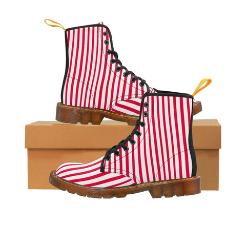 Red Striped Women's Canvas Boots, Best Modern White Red Stripes Winter Boots For Ladies-Shoes-Printify-Brown-US 9-Heidi Kimura Art LLC Red Striped Women's Canvas Boots, Vertically White Striped Print Designer Women's Winter Lace-up Toe Cap Boots Shoes For Women   (US Size 6.5-11)