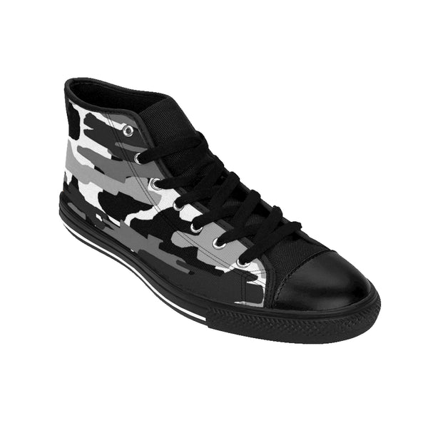 Black Camo Women's Sneakers, Gray Army Print Designer High-top Sneakers Tennis Shoes-Shoes-Printify-Heidi Kimura Art LLCBlack Camo Women's Sneakers, Grey/ Gray Dark Modern Chic Army Military Camouflage Print 5" Calf Height Women's High-Top Sneakers Running Canvas Shoes (US Size: 6-12)