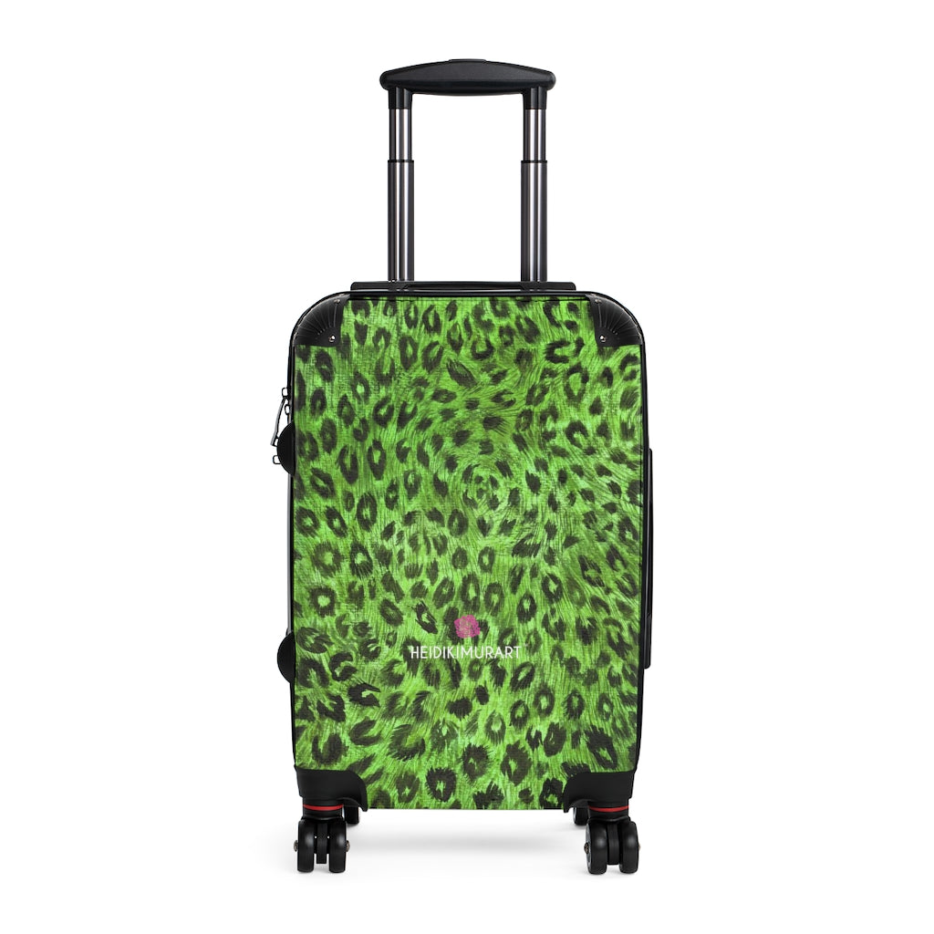 Green Leopard Print Cabin Suitcase, Animal Print Small Premium