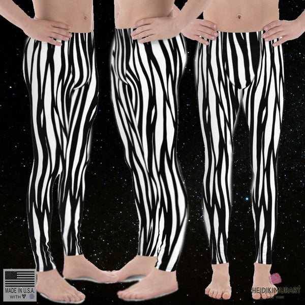 Black White Zebra Stripe Animal Print Sexy Men's Leggings Tights Pants-Made in USA/EU-Men's Leggings-Heidi Kimura Art LLC Zebra Stripe Meggings, Black White Zebra Stripe Animal Print 38-40 UPF Sexy Men's Leggings Pants Compression Workout Tights Meggings- Made in USA/EU (US Size: XS-3XL)