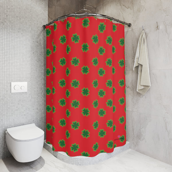 Red Clovers Polyester Shower Curtain, Irish Style St. Patrick's Day Holiday Festive 71" × 74" Modern Kids or Adults Colorful Best Premium Quality American Style One-Sided Luxury Durable Stylish Unique Interior Bathroom Shower Curtains - Printed in USA